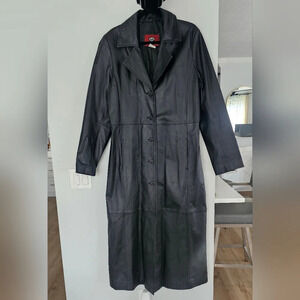 Womens Black Leather Marc Mattis Trench Coat Size LT cuffed